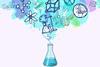 An illustration of a conical flask giving of coloured smoke which includes rough science diagrams including apparatus setup, an atom, a molecule, an ionic crystal, question marks.