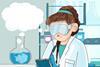 Illustration of female student observing a practical experiment whilst also thinking and using scientific reasoning 