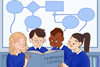 An image showing a group of 4 students reading from a book titled Comprehending chemistry, with empty speech bubbles above them