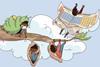 A cartoon of a primary school boy as a caterpillar changing into a high school student butterfly