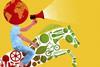 Man with globe head and megaphone riding horse of red and green items