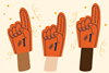 A cartoon of people wearing large foam hands with number 1 teacher written on them
