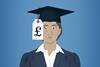An illustration showing a female graduate terrified while looking at the price tag attached to her mortarboard