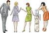 Stylised sketch of four people around a watercooleer