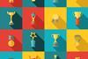 A range of trophies and medals in coloured squares
