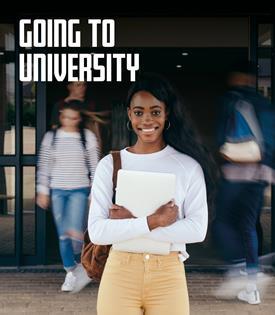 A student standing outside the entrance to a school, college or university