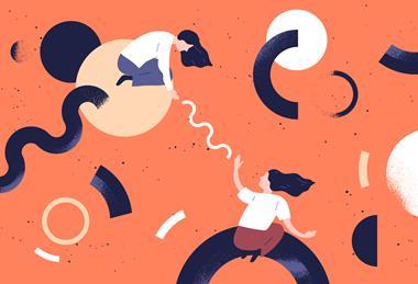 An abstract illustration showing two people communicating and working together against a patterned background