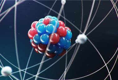 An abstract 3D rendered model of an atom, showing the nucleus of protons and neutrons with electrons orbiting around it