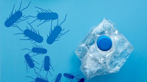 Silhouettes of E coli swirling around a crushed plastic bottle
