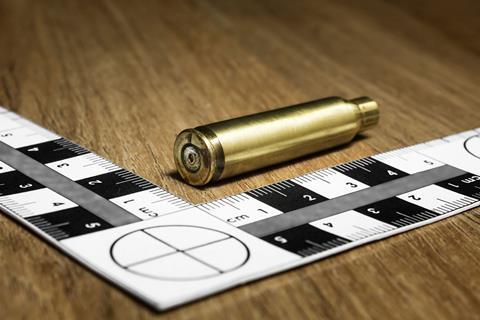 A bronze coloured bullet casing with measuring rulers for scale