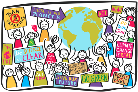 A cartoon of young people protesting against climate change