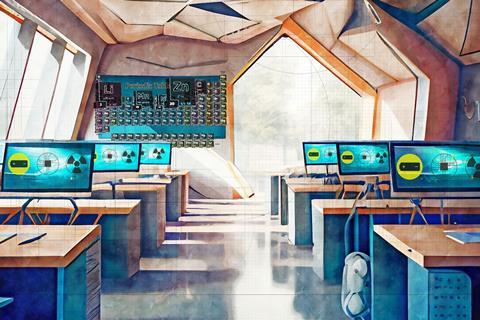A futuristic classroom with a periodic table display connected to screens for the students